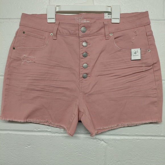 Time and Tru Denim - Time & Tru Women 16 Pink Distress High Rise Button Fly Denim Shorts Raw Hem NEW